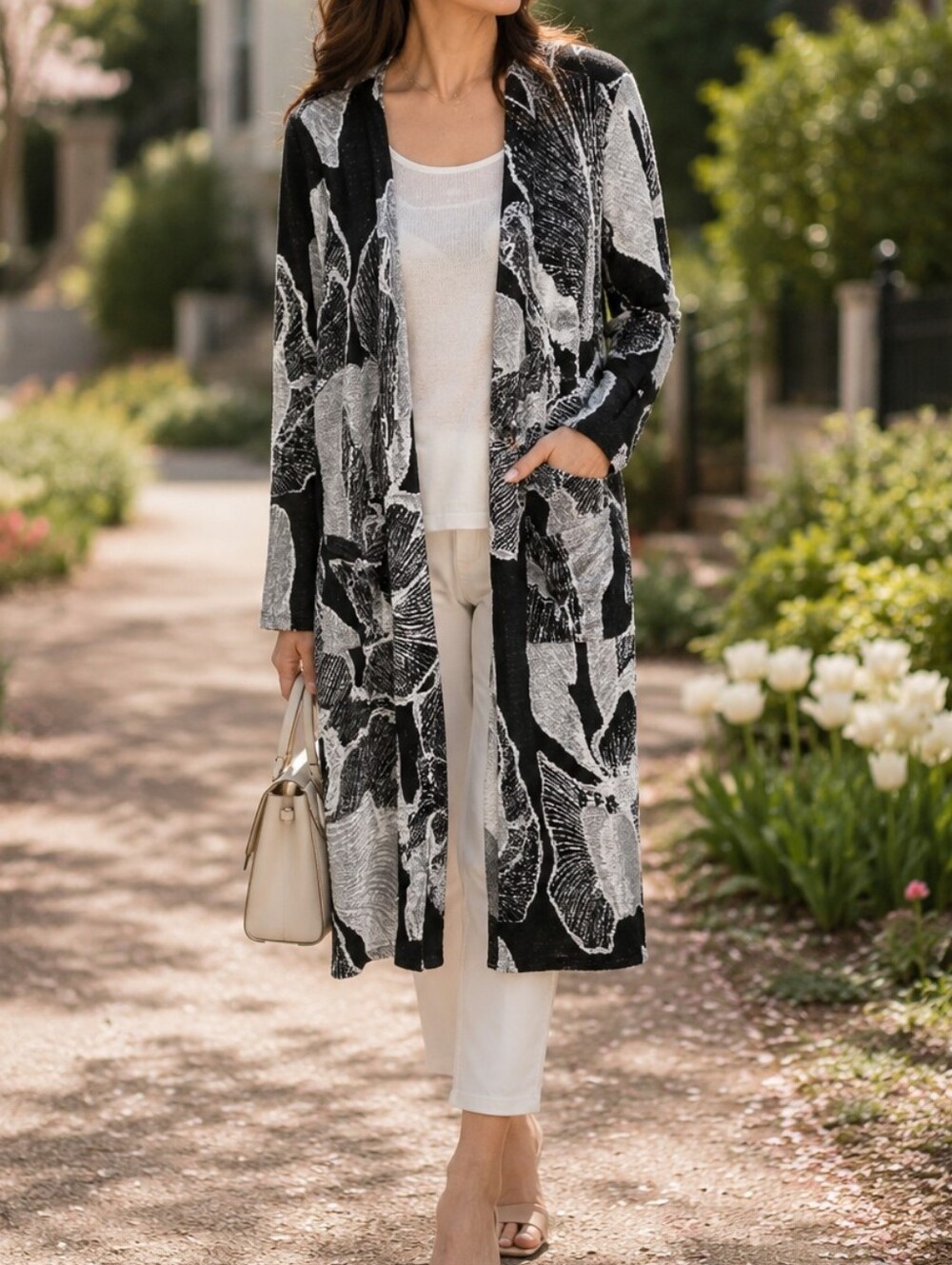 NWT Cativa Black & Gray Abstract Open Front Duster Cardigan Oversized Artsy